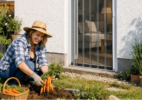 Insektenschutz an der Terrassentür für entspannte Zeit im Garten Frau erntet Karotten im Garten neben einer Tür mit Insektenschutzgitter